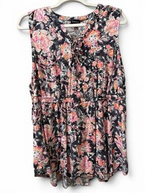 Torrid Size 1 Black Floral Sleeveless Empire Waist Babydoll Top